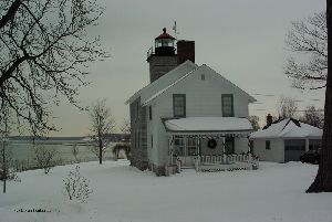 The lighthouse looking out at the lake.
