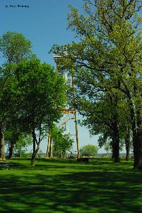 Thick tree cover obscures the tower.