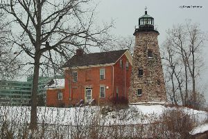 The lighthouse and trees.