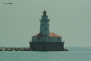 Birds fly around the lighthouse.