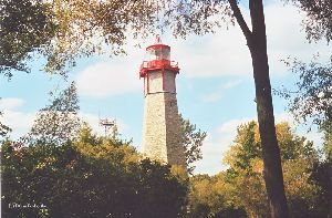 The lighthouse through the trees.