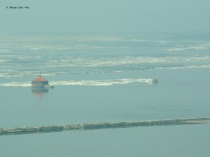 The Intake Crib and Horseshoe Reef Lighthouse from the top of City Hall.
