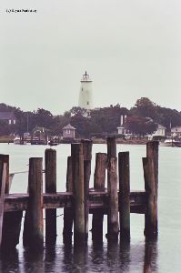 The lighthouse and dock pilings.