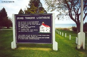 The sign for the Grand Traverse lighthouse.