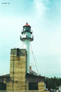 The lighthouse stands tall.